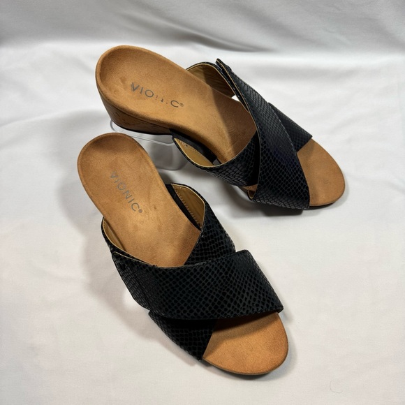 Vionic Leticia Black Snake Leather Cork Wedge Comfort Slide Sandals size 10 - Picture 2 of 13